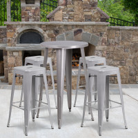 Flash Furniture CH-51080BH-4-30SQST-SIL-GG 24" Round Bar Table Set with 4 Square Seat Backless Barstools in Silver